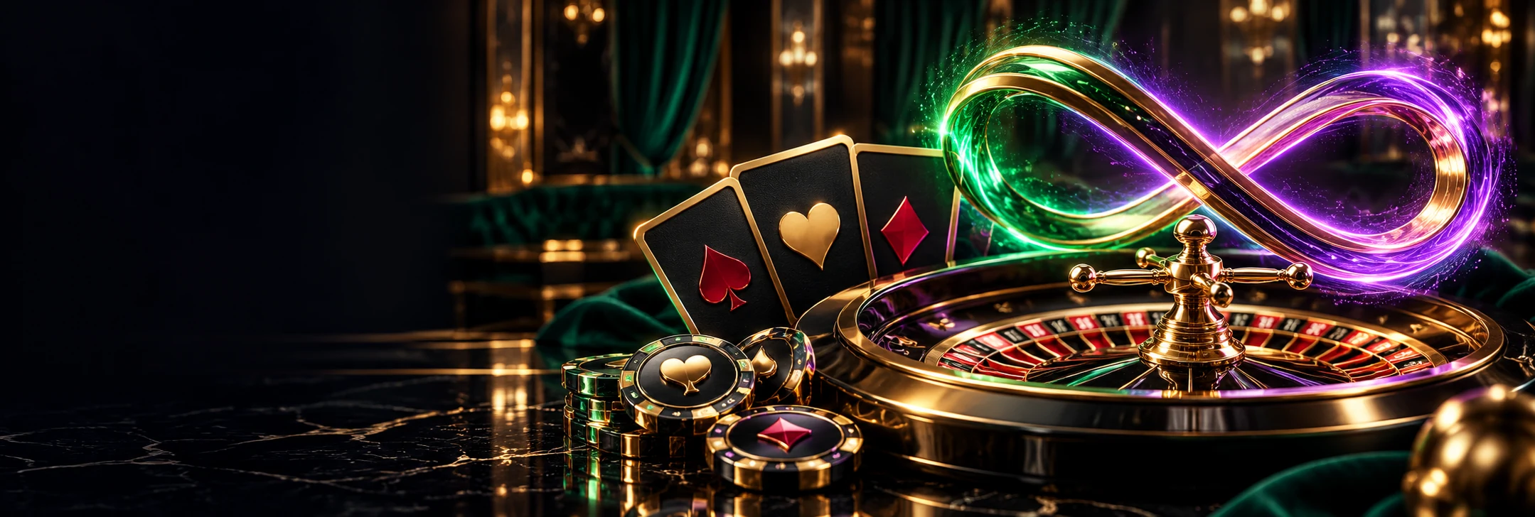Neon sonsuzluk simgesi, rulet masası ve casino kartları